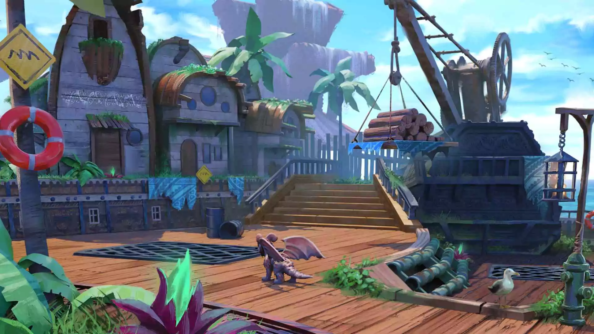 "Coastal village scene with docks, buildings, and a dragon, from the Kryptomon mobile game