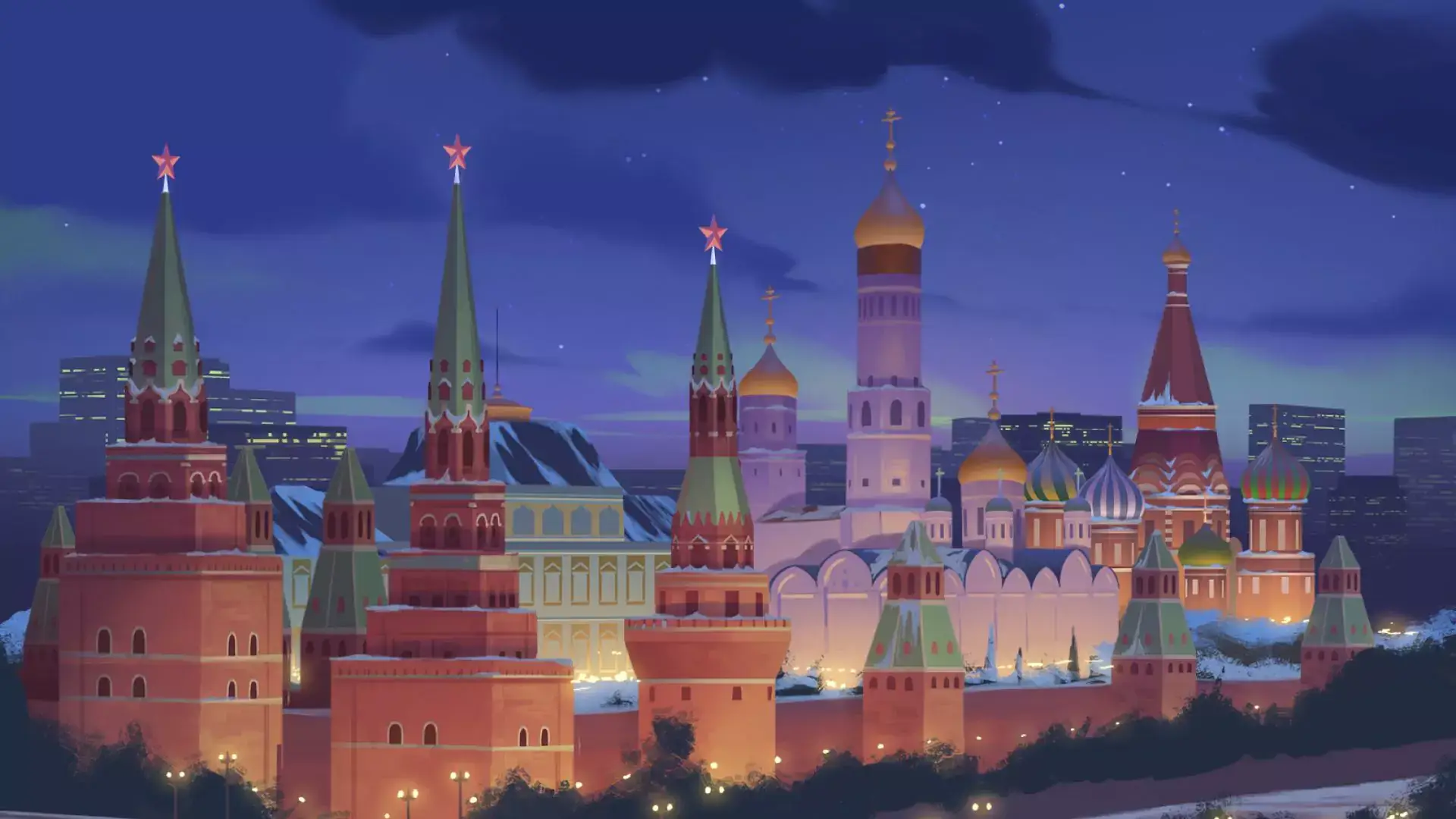 Cityscape with illuminated buildings and towers under a night sky.