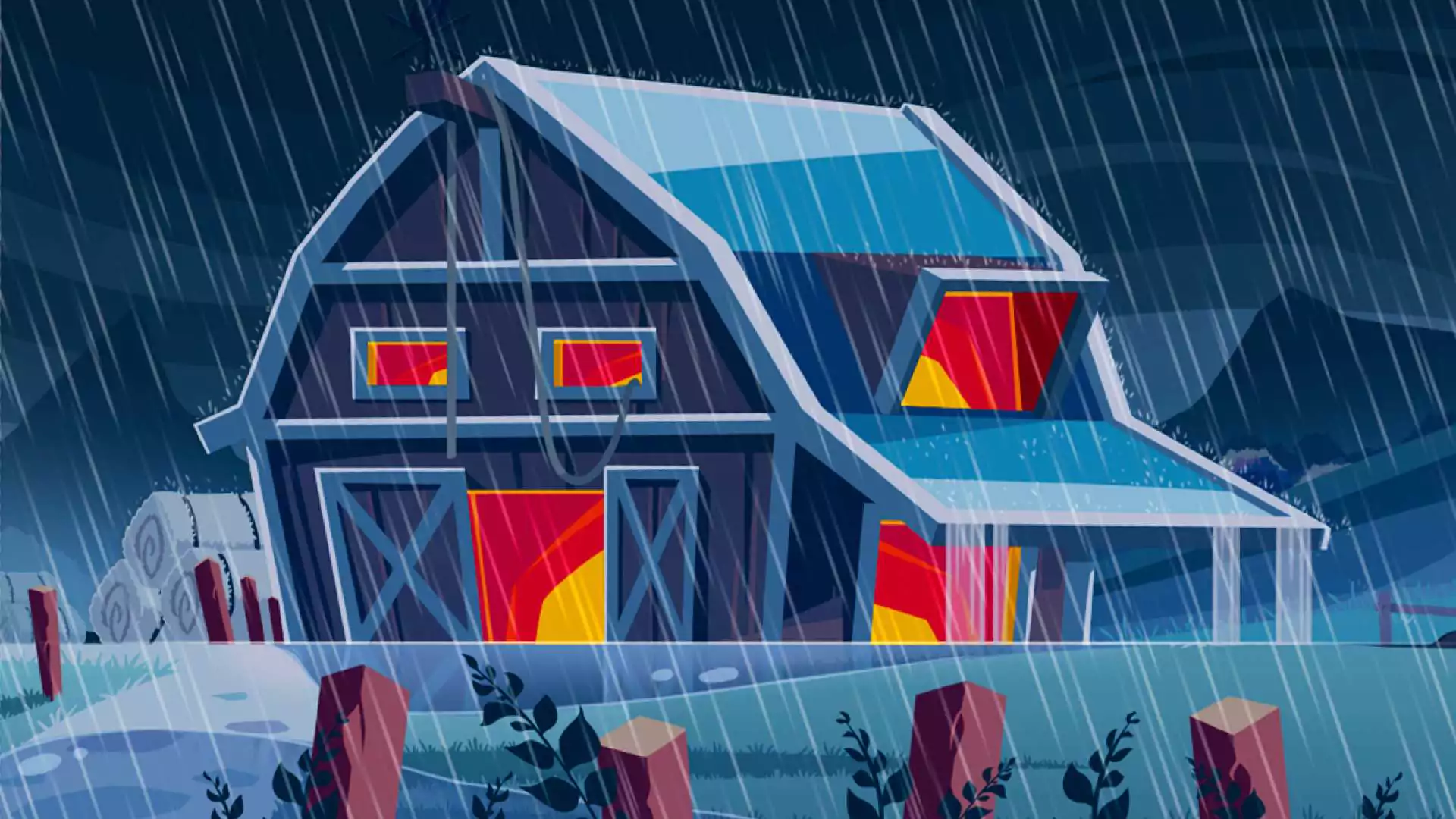 Barn in a rainy night scene from the StarFarm game.