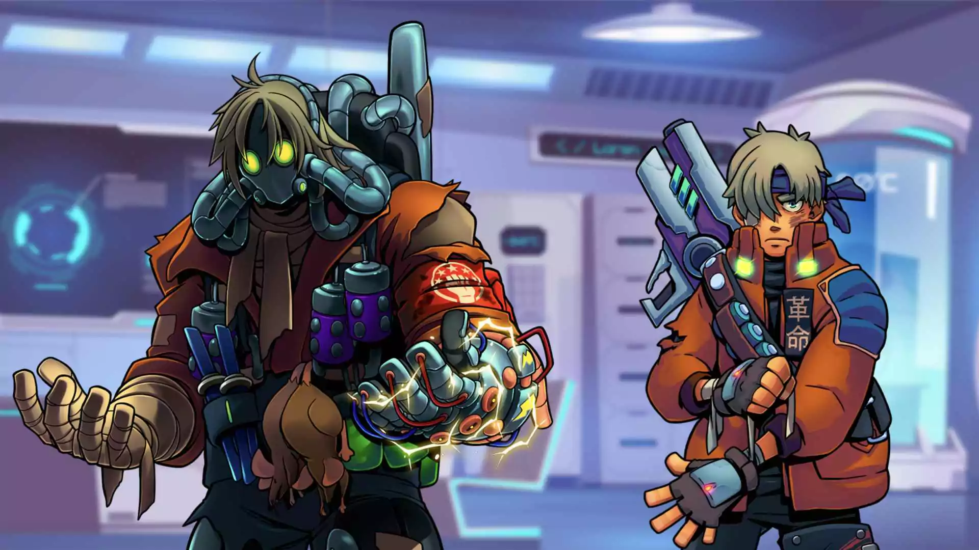 two futuristic warriors in a sci-fi setting.