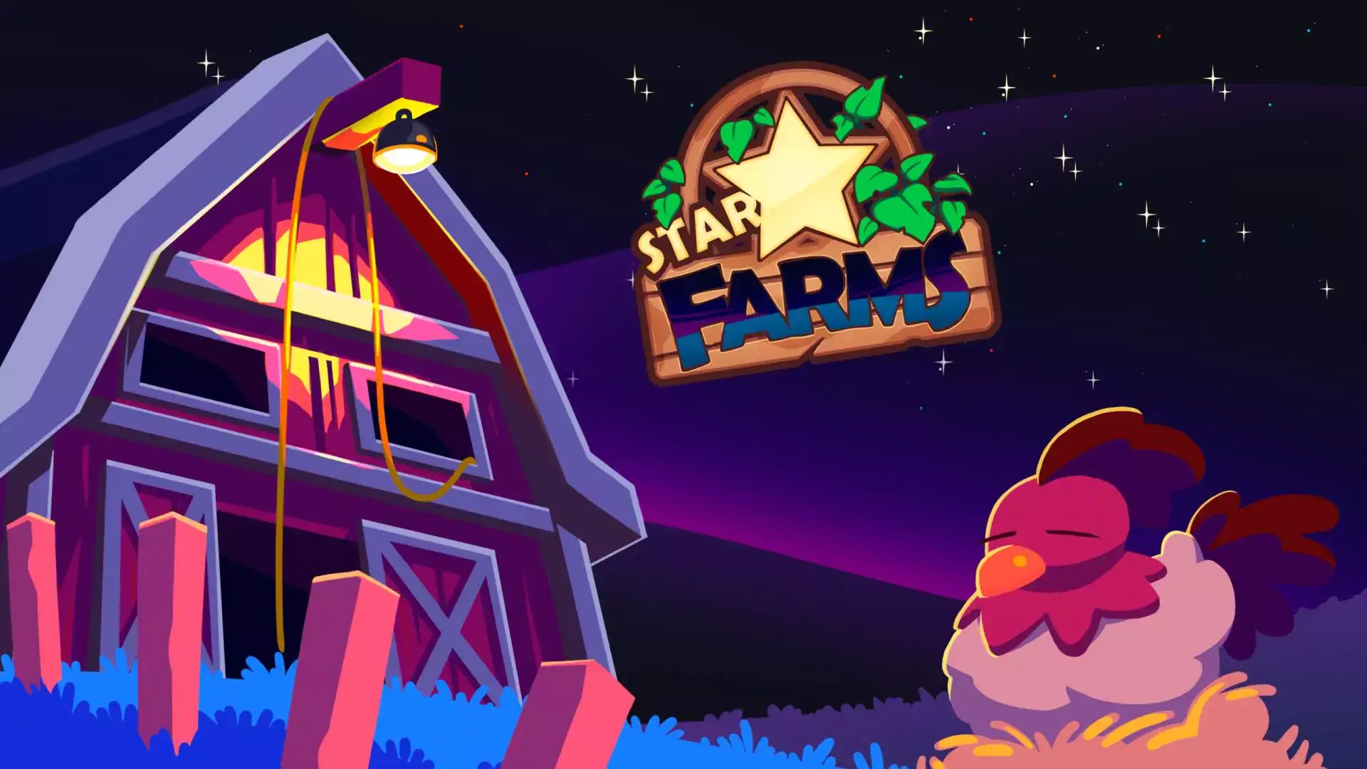 Cartoon barn and a chicken under a night sky with the Star Farms logo, from the Star Farms game.