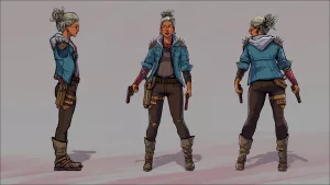 Magic Media 2D art shows a female character in a rugged, survivalist outfit from three different angles.