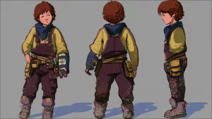 Magic Media 2D Art, a young character in purple overalls, yellow shirt, blue scarf, with a tech brace and boots, shown in three different views.