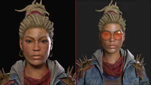 Magic Media 3D Art, a detailed character with textured hair tied up, golden hoop earrings, and two different facial expressions: one without glasses and one with orange-tinted round glasses.