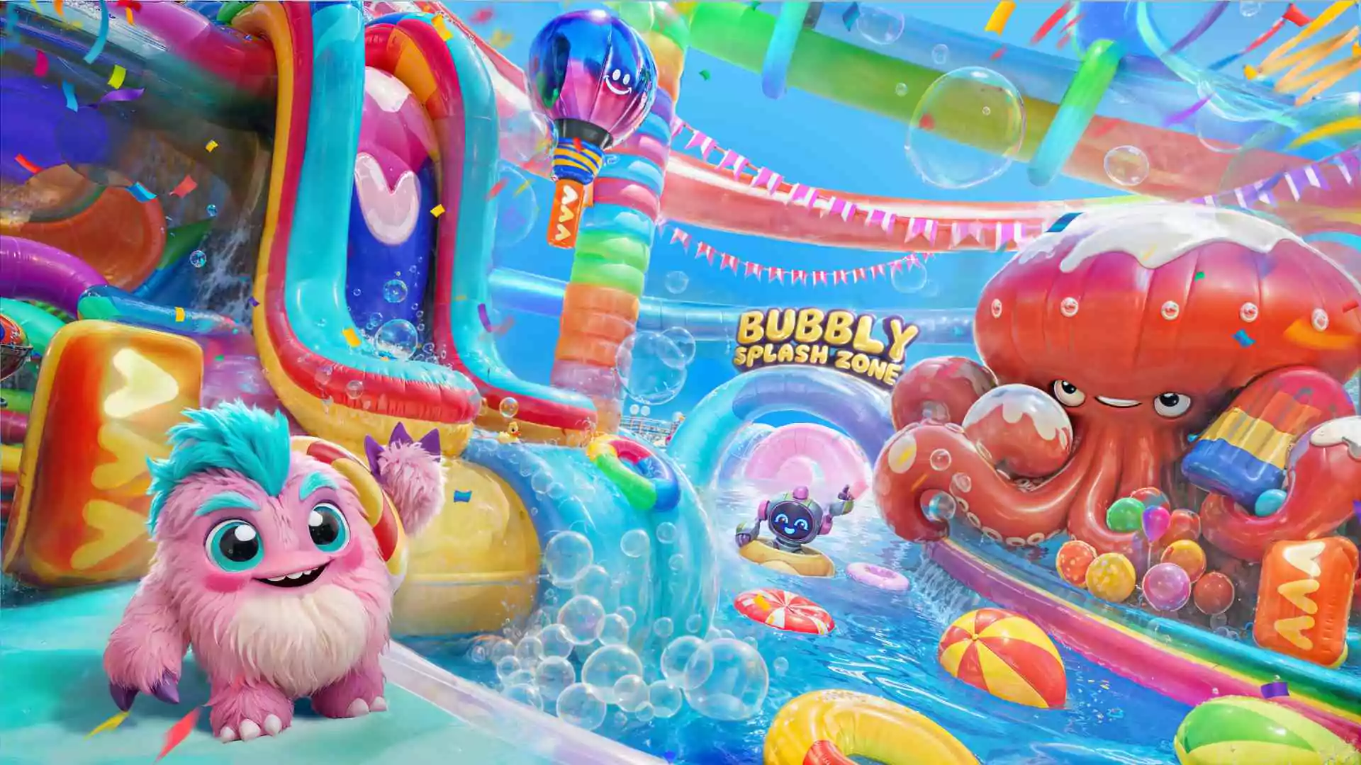 Colorful water park scene with playful characters and vibrant inflatable structures.