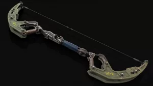A detailed, industrial-style bow featuring mechanical components and a rugged design, perfect for futuristic or post-apocalyptic settings.