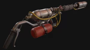 Magic Media Generation Zero, a meticulously crafted 3D model of a makeshift flamethrower with intricate piping and a red fuel tank, displayed against a dark backdrop.