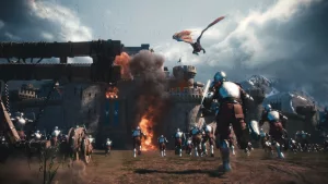 Magic Media VFX, Armored knights charge a burning castle under siege, with a dragon flying overhead. A catapult in the foreground and arrows in the sky emphasize the chaotic medieval battle. 