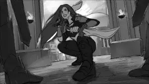 Magic Media Game Development, a dynamic, sketch-style illustration of a female character, possibly in a combat stance.