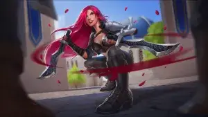 Magic Media Game Development, a vibrant, dynamic scene featuring a female warrior character with long, flowing red hair, crouched in a battle-ready stance.