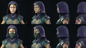 Magic Media 3D Modeling. A 3D character model of a hooded female warrior or assassin, shown from multiple angles.