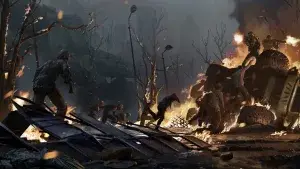 Magic Media Storytelling. Apocalyptic scene depicting a chaotic battle between humans and zombies. The landscape is littered with debris, flames, and destruction.