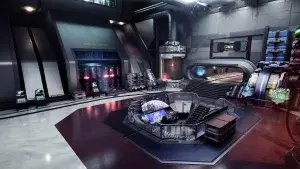 Magic Media Co-Development. Futuristic laboratory environment featuring a central control station with curved holographic displays, a sleek server room glowing with red lights, and advanced equipment.