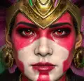 Magic Media 3D Game Art. 3D-rendered image of a warrior woman with red and white tribal face paint, glowing red eyes, and an intense gaze.